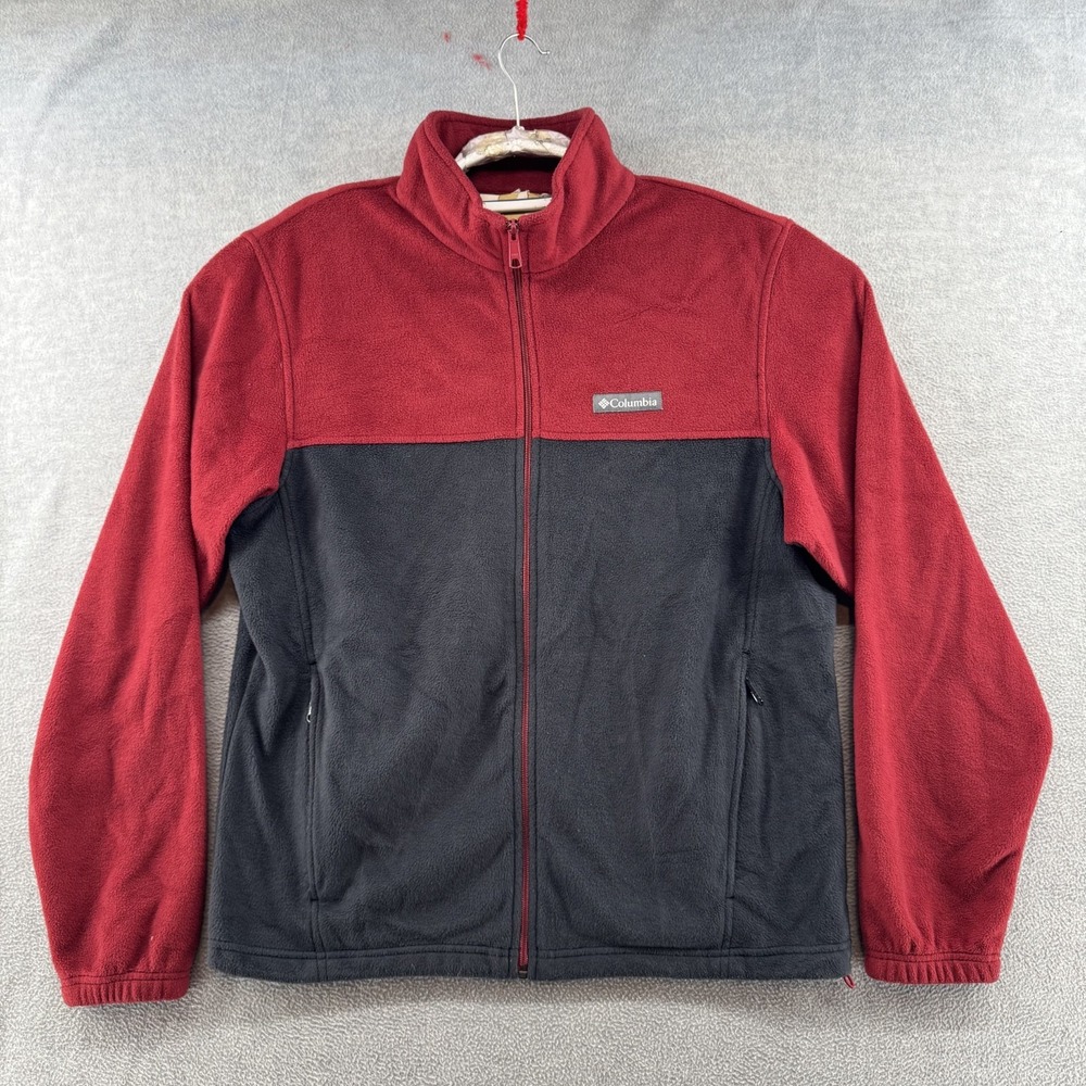 Columbia Full Zip Fleece Jacket Mens Large Black Red Colorblock Steens Mountain
